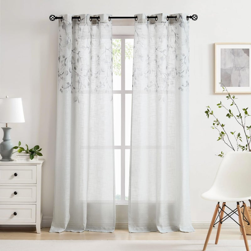 Central Park Leaf Floral Print Metallic Sheer Linen Window Curtain Panel for Rustic Living Room/Bedroom Sparkling Decorative 6 Grommets Top Drape Panels Farmhouse Curtains, Gray Tan,40" x 63"x2, 2 PK - Image 2